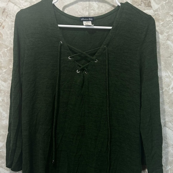 Olivia Blu Olive Green Lace Up Tunic Top Long Sleeve Casual Womens - Picture 1 of 6
